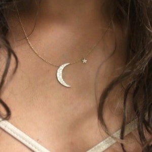 Diamond Crescent Moon & Star Necklace // 14k yellow, white and pink gold // natural diamonds // image 1