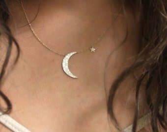 Diamond Crescent Moon & Star Necklace // 14k yellow, white and pink gold // natural diamonds //