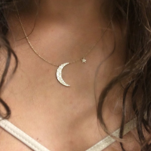 Diamond Crescent Moon & Star Necklace // 14k yellow, white and pink gold // natural diamonds //