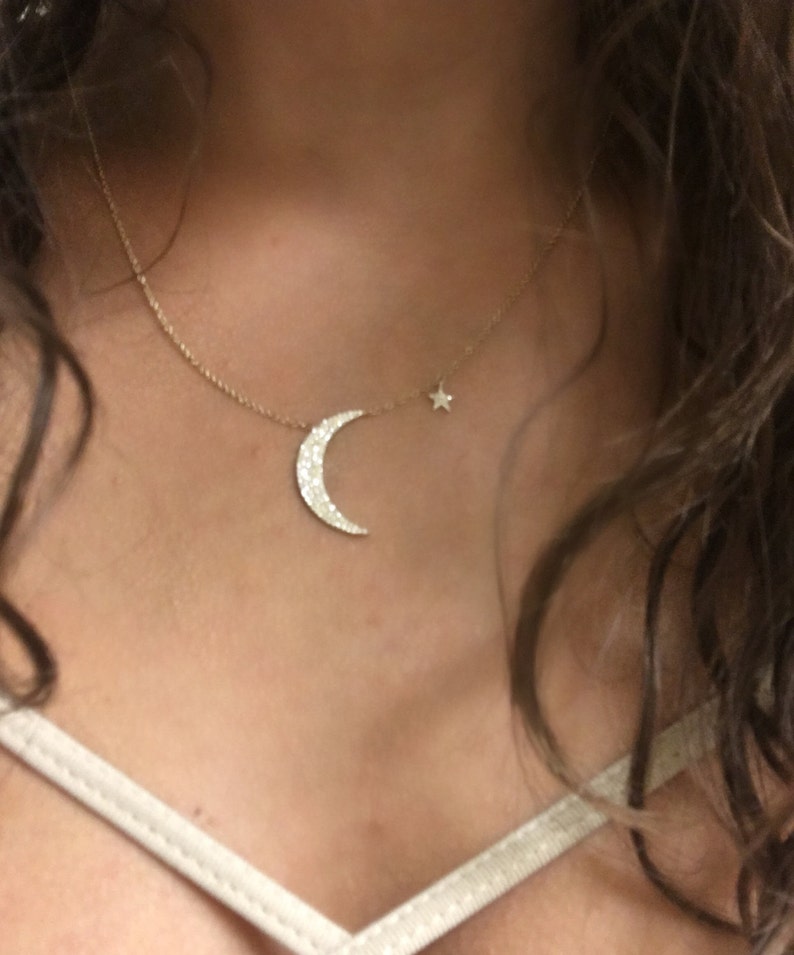 Diamond Crescent Moon & Star Necklace // 14k yellow, white and pink gold // natural diamonds // image 1
