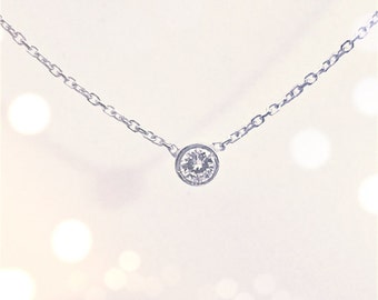 Diamond Solitaire Necklace Bezel Set 0.15 ct. / 14k white or yellow gold / floating diamond necklace