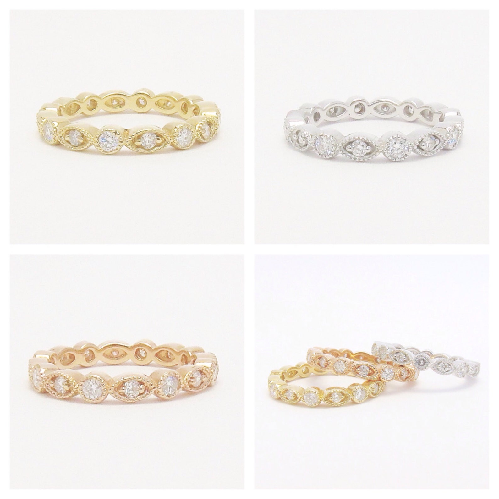 Gold and Diamond Antique Style Stacking Rings 14k yellow | Etsy