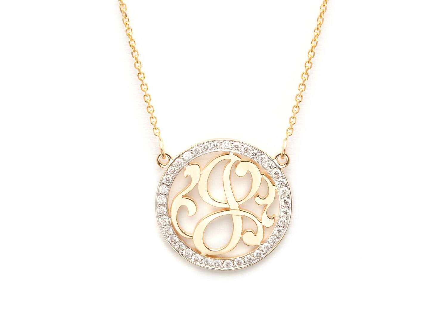 Mini Initial Monogram Necklace with Diamond Outline - 14k yellow, white and rose - natural ...
