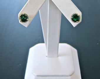 14k Yellow Gold Emerald Earrings with Diamond Halo