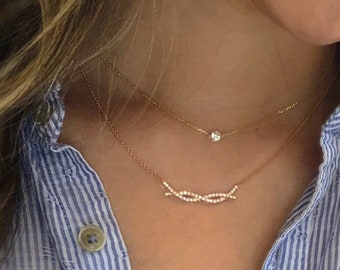 Diamond love knot necklace // twisted diamond bar //  14kt yellow, white, pink gold // natural diamonds //  skinnybling