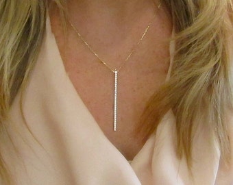 14k Gold Diamond Vertical Bar Necklace (2" size)