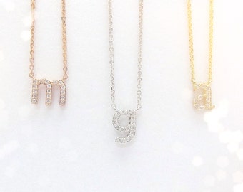 Mini 14k Gold Diamond Initial Necklace / 14kt yellow, white, rose gold / Lowercase diamond letter necklace