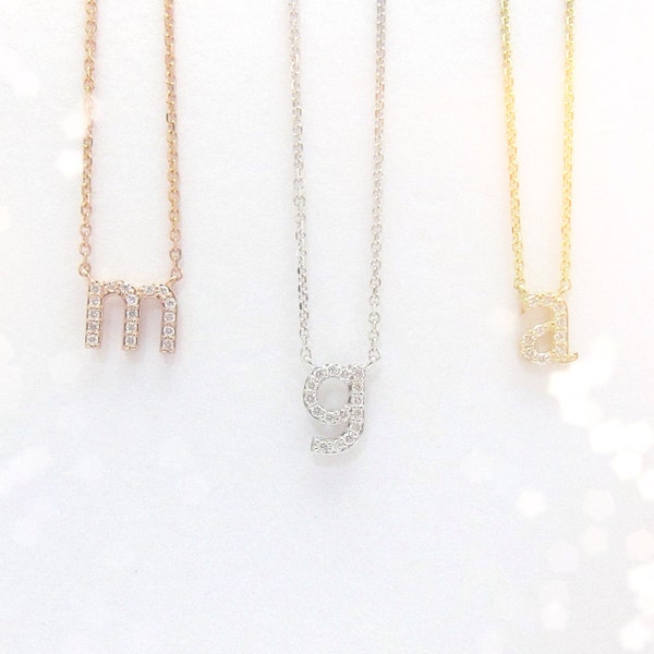 Mini 14k Gold Diamond Initial Necklace / 14kt yellow, white, rose gold / Lowercase diamond letter necklace