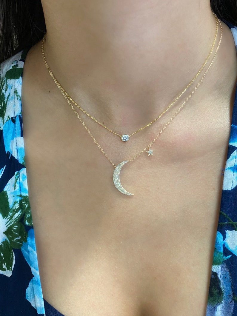 Diamond Crescent Moon & Star Necklace // 14k yellow, white and pink gold // natural diamonds // image 10