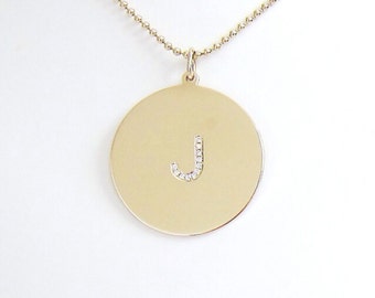 Oversize 14k Gold Diamond Initial Disc Pendant Necklace