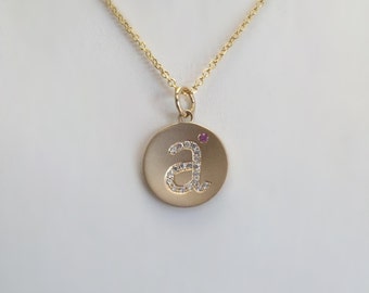 Personalized Diamond Initial Disc Necklace with Birthstone // 14kt yellow, white, rose gold // lowercase diamond letter // Natural diamonds