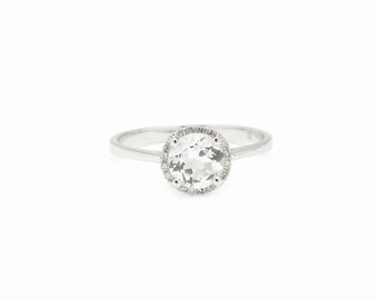 14k White Gold White Topaz Gemstone Ring with Diamond Halo