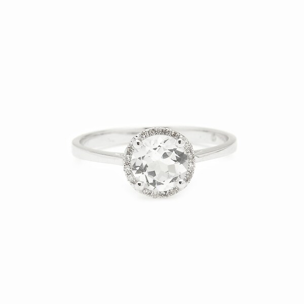 14k White Gold White Topaz Gemstone Ring with Diamond Halo