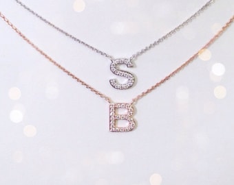 Personalized Natural Diamond Initial Necklace // 14k yellow, white and rose // cable chain