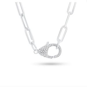 May include: A silver chain necklace with a silver clasp that is encrusted with small clear stones.