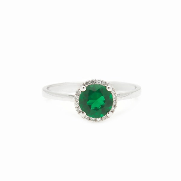 14k White Gold Green Gemstone Ring with Diamond Halo