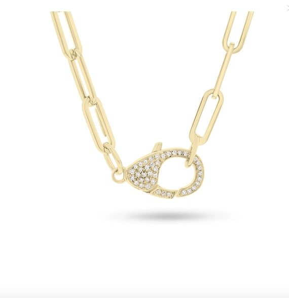Pave Diamond Clasp Necklace: 14k Gold Paperclip Chain