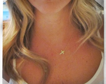 Off-Center Sideways Small Cross Necklace // 14k yellow, white and rose gold