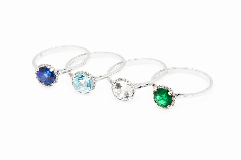 14k White Gold White Topaz Gemstone Ring with Diamond Halo