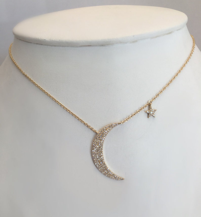 Diamond Crescent Moon & Star Necklace // 14k yellow, white and pink gold // natural diamonds // image 5