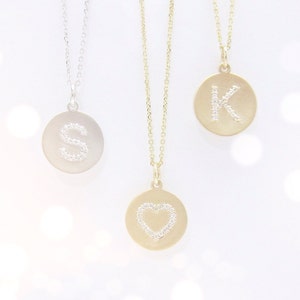 Diamond Initial Disc Necklace (uppercase with center bail) - 14k yellow, white, or rose gold - matte or shiny finish