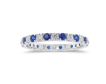 Sapphire and Diamond Eternity Band, 18k White Gold Stackable Ring