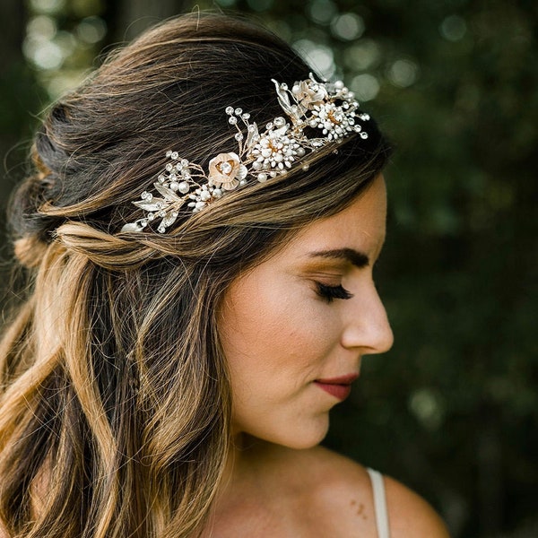 Floral Pearl Wedding Crown / Crystal  Wedding Tiara / Floral Leaf Crown / Bridal Wedding Headpiece / Crystal Headband / Flower Hair Vine