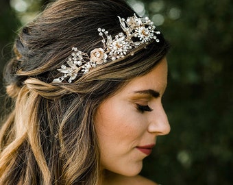 Floral Pearl Wedding Crown / Crystal  Wedding Tiara / Floral Leaf Crown / Bridal Wedding Headpiece / Crystal Headband / Flower Hair Vine