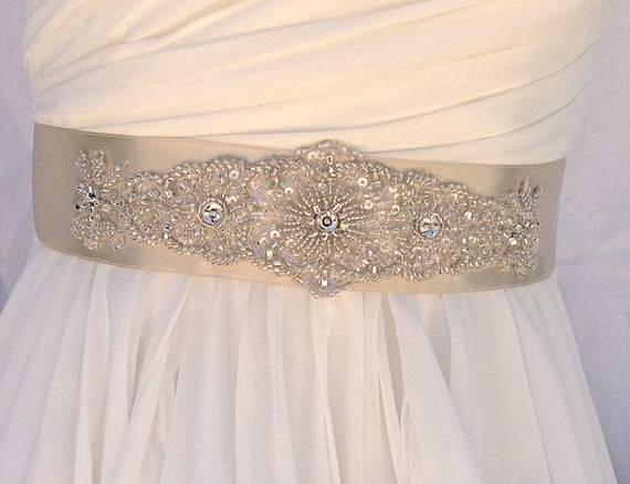 Beaded Bridal Sash Wedding Sash In Pale Champagne Beaded Etsy