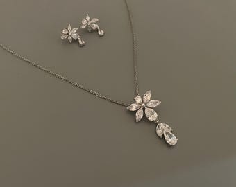 Cubic Zirconia Crystal Wedding Jewelry Set: Silver Flower Drop Necklace and Earring Set
