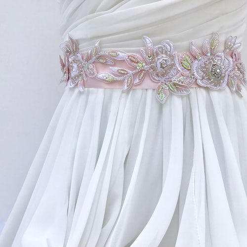 Blush Pink Beaded Lace Floral Bridal Wedding Sash shops / Crystal And Pearl Beaded Sash / Lace Wedding Dress Sash / Flower Bridal Belt