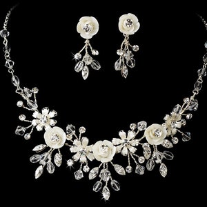 Kristall Rebe Hochzeit Schmuck Set / Silber Braut Halskette Ohrring Set / Silber Braut Schmuck Set / Porzellan Blume Schmuck