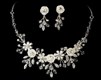 Floral Crystal Vine Wedding Jewelry Set / Champagne Gold Bridal Necklace Earring Set /  Silver Bridal Jewelry Set / Porcelain Flower Jewelry