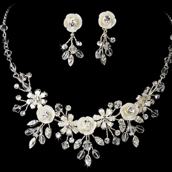 Floral Crystal Bridal Jewelry Set: Silver Porcelain Flower Necklace Earrings