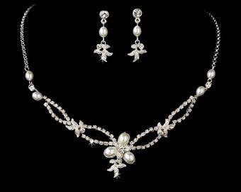 Pearl Wedding Jewelry Set: Crystal Necklace and Earrings, Silver