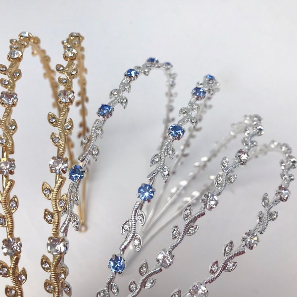 Rhinestone Bridal Double Band Headband /  Crystal Hairvine / Crystal Wedding Vine Headband / Blue Wedding Headpiece /  Silver / Gold / Blue