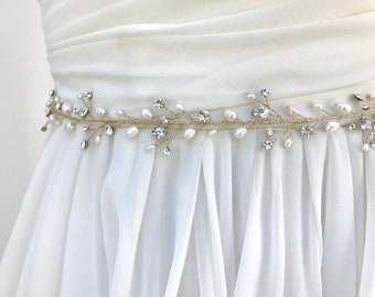 Freshwater Pearl And Crystal  Thin Bridal Wedding Sash  /  Skinny Crystal Wedding Sash /  Pearl Bridal Belt / Crystal Wedding Belt