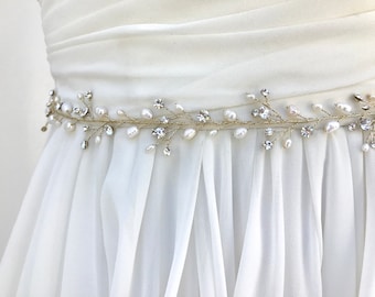 Freshwater Pearl And Crystal  Thin Bridal Wedding Sash  /  Skinny Crystal Wedding Sash /  Pearl Bridal Belt / Crystal Wedding Belt