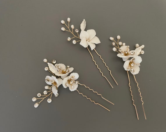 Floral Bridal Hair Pins: Ivory Porcelain Flowers, Crystal  display picture 1