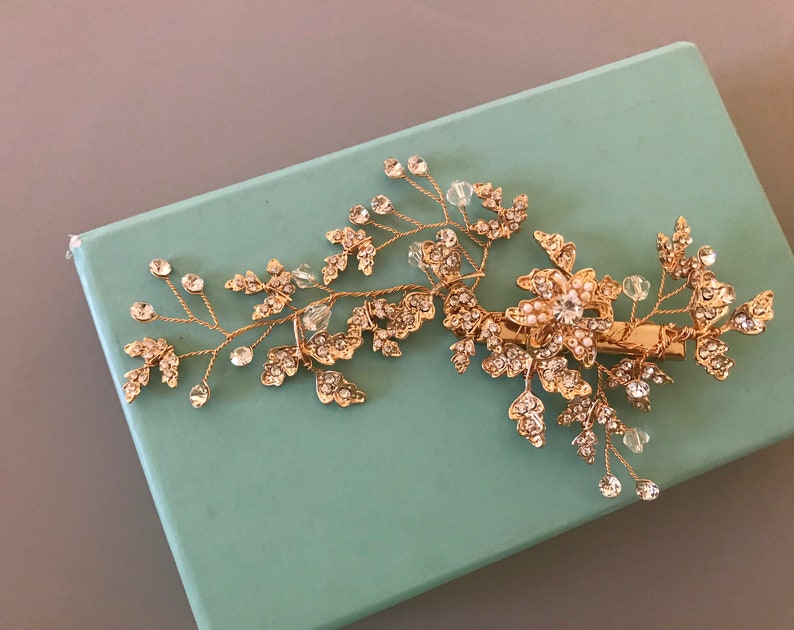 Crystal Flower Leaf Wedding Hair Clip Bridal Hair Clip Crystal Bridsl Hair Clip Gold Bridal Hair Vine Boho Floral Vine Hairpiece