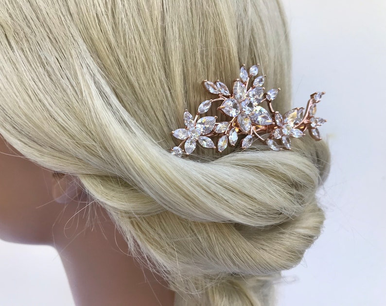 Rose Gold Crystal Floral Bridal Hair Clip Wedding Hair Clip Crystal Flower Leaf Hair Clip Bridal Headpiece Wedding Hairpiece