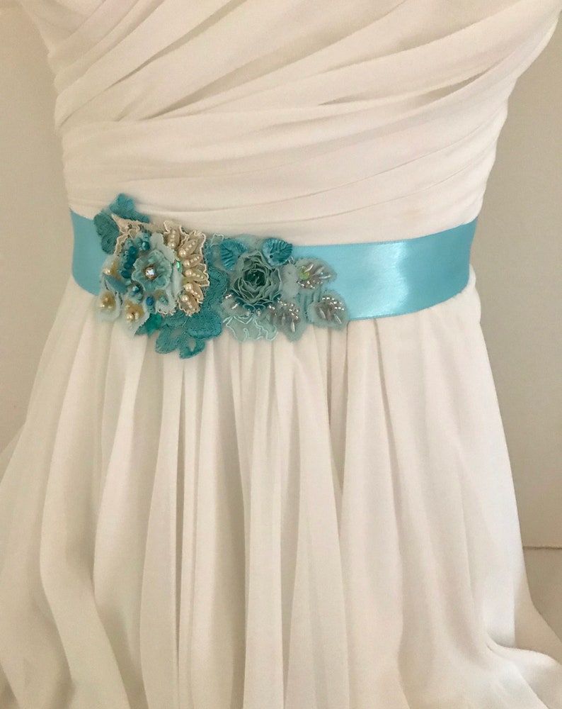 Beaded Lace Bridal Sash Wedding Dress Sash Beach Wedding Sash in Carribbean Blue And Nude With Crystals And Pearls