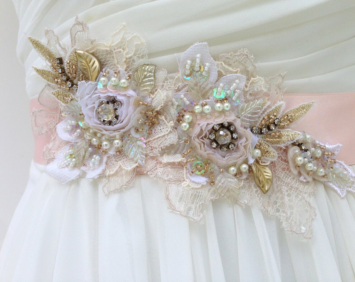 Beaded Lace Bridal Sash Wedding Sash in Blush Pink With Etsy