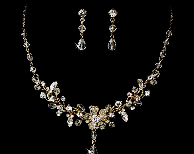 Swarovski Crystal Bridal Necklace Earring Set / Floral Vine Necklace