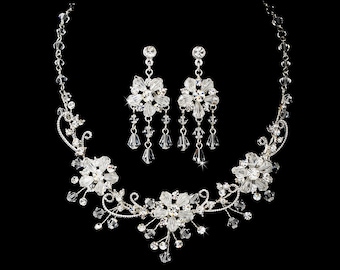 Swarovski Crystal Wedding Jewelry Set: Vintage Floral Vine, Silver