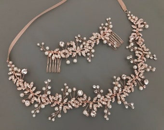Vintage Chic Pearl & Crystal Bridal Sash Set /  Flower Vine Wedding Belt / Silver Bridal Belt / Rose Gold Flower Pearl Wedding Sash /