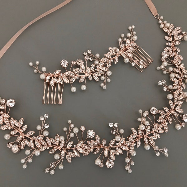 Vintage Chic Pearl & Crystal Bridal Sash Set /  Flower Vine Wedding Belt / Silver Bridal Belt / Rose Gold Flower Pearl Wedding Sash /