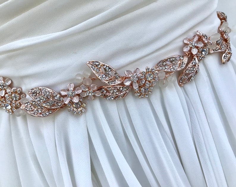 Rose Gold Floral Crystal Bridal Wedding Sash / Vintage Leaf - Etsy