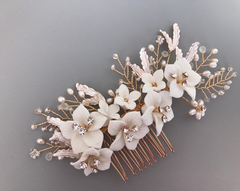 Crystal /& Pearl Floral Bridal Hair Comb Headpiece Ivory Porcelaine Flower Hair Comb Floral Leaf Wedding Hairpiece Gold Flower Comb