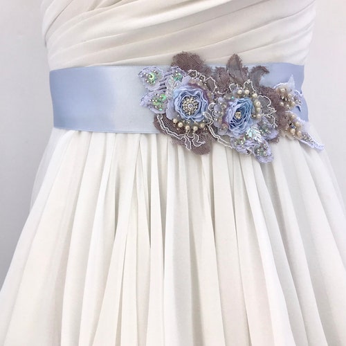 Blue Crystal Lace Wedding Sash / Flower Wedding Belt shops / Blue Bridal Sash / Wedding Dress Sash / Pearl Wedding Sash / Crystal Bridal Belt